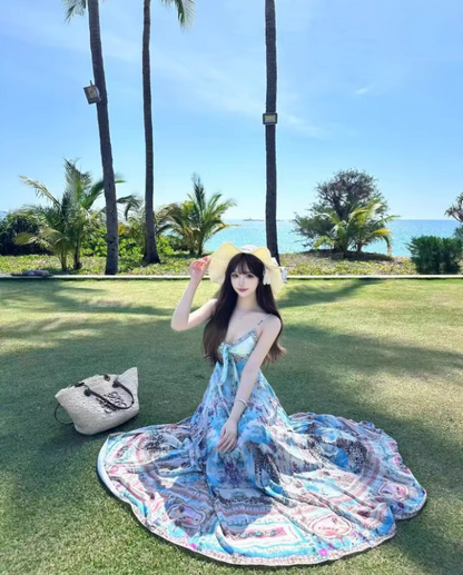Boho Style Coastal Trips Floral Print Maxi Dress Retro Glittering Crystal Design Flowy Long Dress AP1356