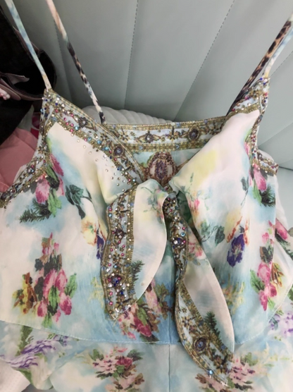 Boho Style Coastal Trips Floral Print Maxi Dress Retro Glittering Crystal Design Flowy Long Dress AP1356