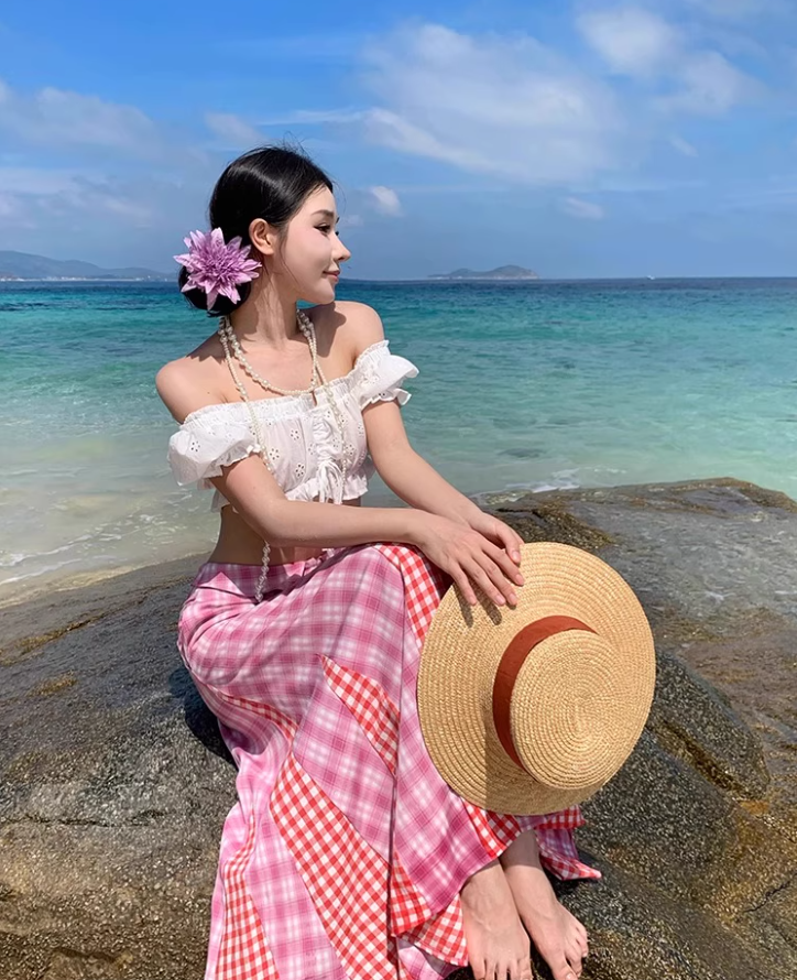 Dopamine Style Pink Plaid Two-Piece Set Maxi Dress Vibrant Off-Shoulder Crop Top Mermaid Long Dress AP1358