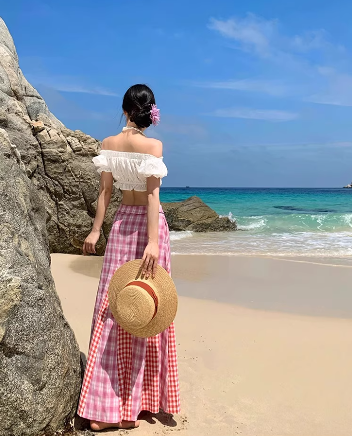 Dopamine Style Pink Plaid Two-Piece Set Maxi Dress Vibrant Off-Shoulder Crop Top Mermaid Long Dress AP1358