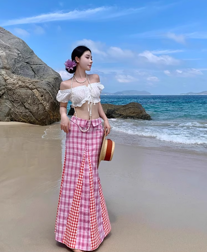 Dopamine Style Pink Plaid Two-Piece Set Maxi Dress Vibrant Off-Shoulder Crop Top Mermaid Long Dress AP1358