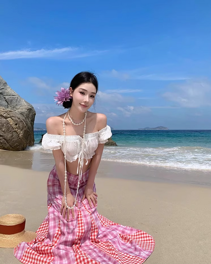 Dopamine Style Pink Plaid Two-Piece Set Maxi Dress Vibrant Off-Shoulder Crop Top Mermaid Long Dress AP1358