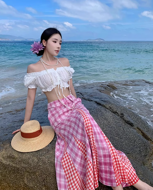 Dopamine Style Pink Plaid Two-Piece Set Maxi Dress Vibrant Off-Shoulder Crop Top Mermaid Long Dress AP1358