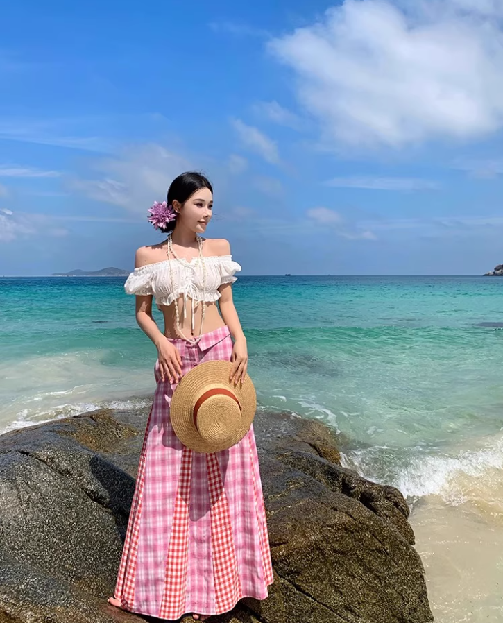 Dopamine Style Pink Plaid Two-Piece Set Maxi Dress Vibrant Off-Shoulder Crop Top Mermaid Long Dress AP1358