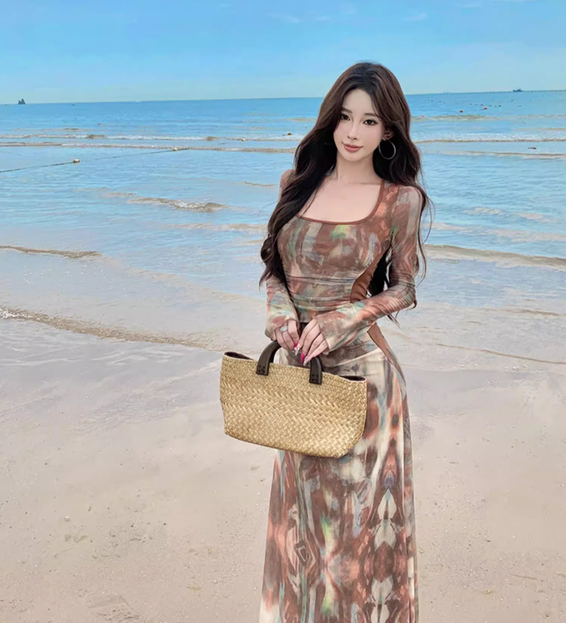 Vintage Long Sleeve Square Neck Maxi Dress Versatile Boho Style Tie-Dye Bodycon Long Dress AP1359