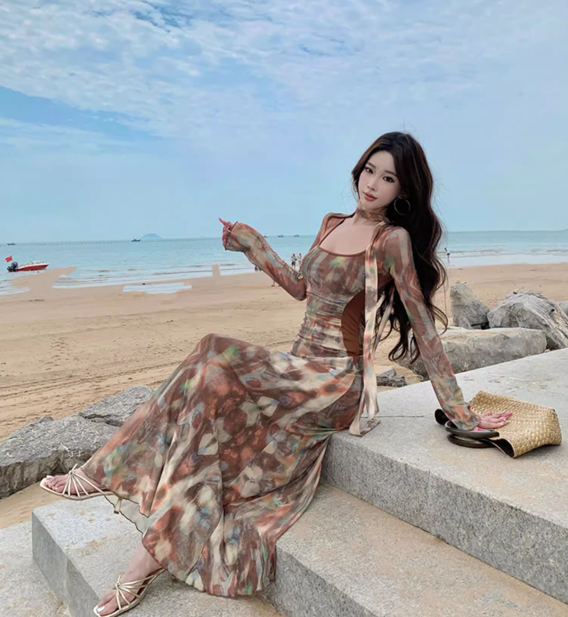 Vintage Long Sleeve Square Neck Maxi Dress Versatile Boho Style Tie-Dye Bodycon Long Dress AP1359