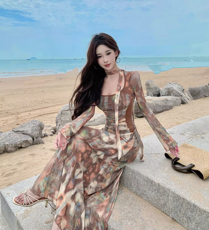 Vintage Long Sleeve Square Neck Maxi Dress Versatile Boho Style Tie-Dye Bodycon Long Dress AP1359