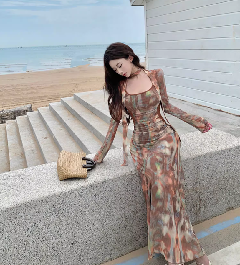 Vintage Long Sleeve Square Neck Maxi Dress Versatile Boho Style Tie-Dye Bodycon Long Dress AP1359