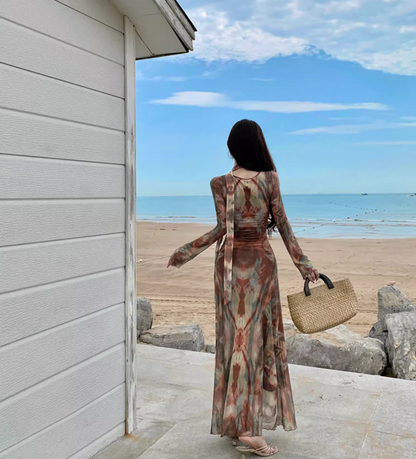 Vintage Long Sleeve Square Neck Maxi Dress Versatile Boho Style Tie-Dye Bodycon Long Dress AP1359