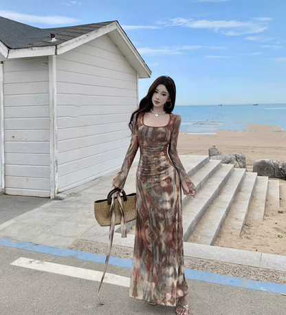Vintage Long Sleeve Square Neck Maxi Dress Versatile Boho Style Tie-Dye Bodycon Long Dress AP1359