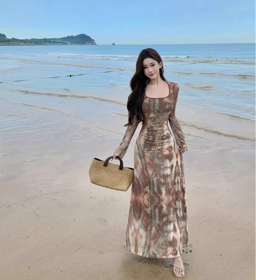 Vintage Long Sleeve Square Neck Maxi Dress Versatile Boho Style Tie-Dye Bodycon Long Dress AP1359