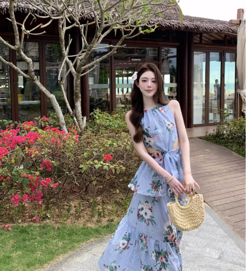 Romantic Floral Print Blue Flowy Maxi Dress Novelty Cutout Waist Sleeveless Tiered Long Dress AP1360