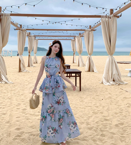 Romantic Floral Print Blue Flowy Maxi Dress Novelty Cutout Waist Sleeveless Tiered Long Dress AP1360