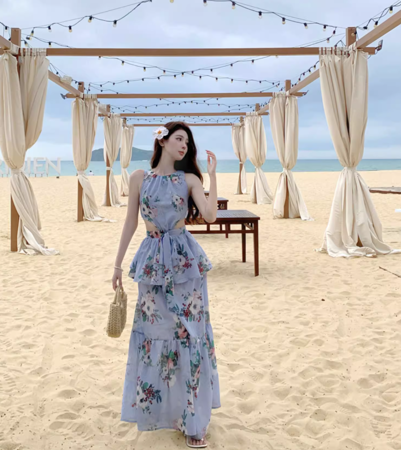 Romantic Floral Print Blue Flowy Maxi Dress Novelty Cutout Waist Sleeveless Tiered Long Dress AP1360