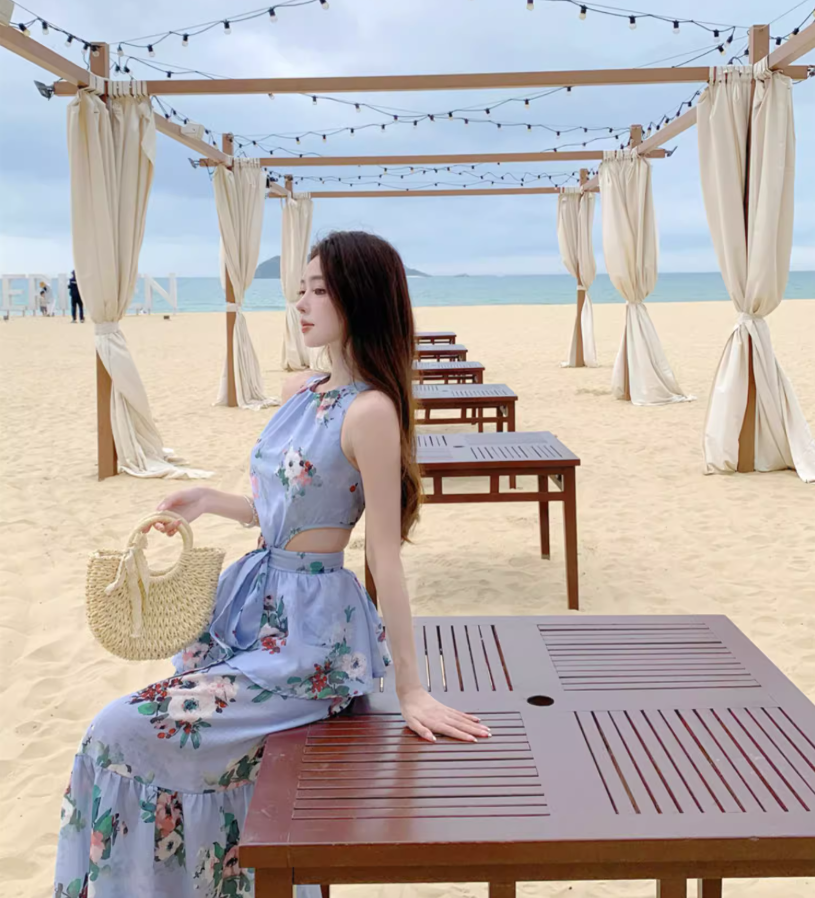 Romantic Floral Print Blue Flowy Maxi Dress Novelty Cutout Waist Sleeveless Tiered Long Dress AP1360