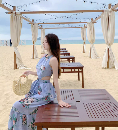 Romantic Floral Print Blue Flowy Maxi Dress Novelty Cutout Waist Sleeveless Tiered Long Dress AP1360