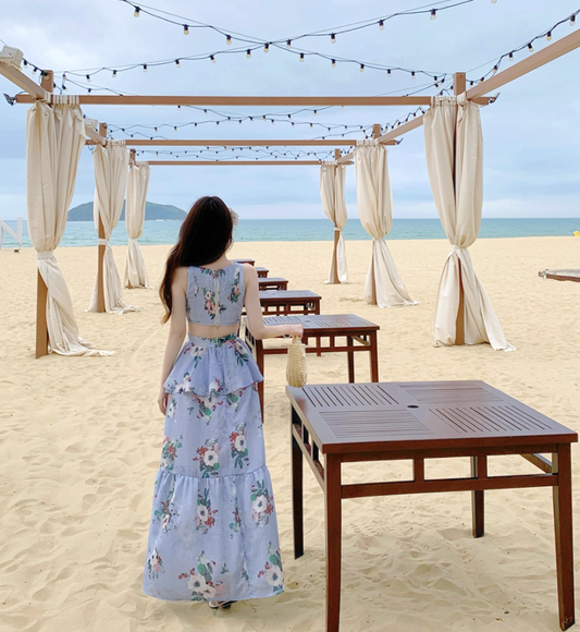 Romantic Floral Print Blue Flowy Maxi Dress Novelty Cutout Waist Sleeveless Tiered Long Dress AP1360