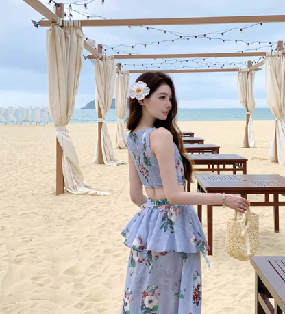 Romantic Floral Print Blue Flowy Maxi Dress Novelty Cutout Waist Sleeveless Tiered Long Dress AP1360