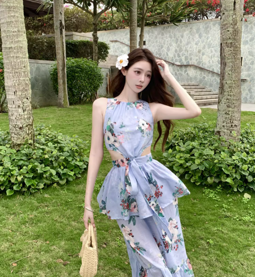 Romantic Floral Print Blue Flowy Maxi Dress Novelty Cutout Waist Sleeveless Tiered Long Dress AP1360