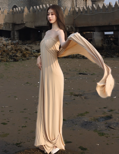 Alluring Soft Fabric Divine Strapless Maxi Dress Stunning Natural Draped Simple Design Long Dress AP1361