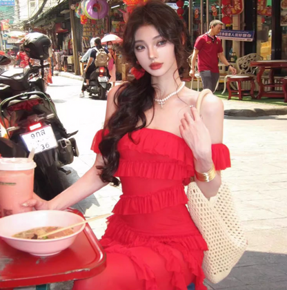 Charming Red Off-Shoulder Maxi Dress Stunning Tiered Hem Bodycon Long Dress AP1362