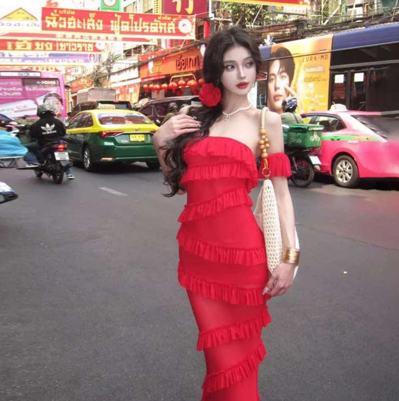 Charming Red Off-Shoulder Maxi Dress Stunning Tiered Hem Bodycon Long Dress AP1362