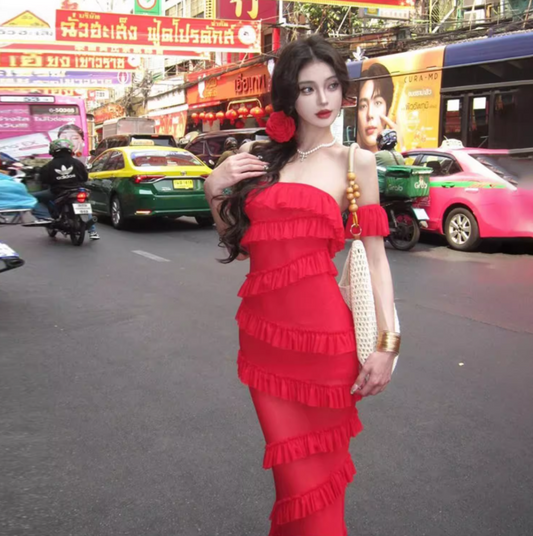 Charming Red Off-Shoulder Maxi Dress Stunning Tiered Hem Bodycon Long Dress AP1362