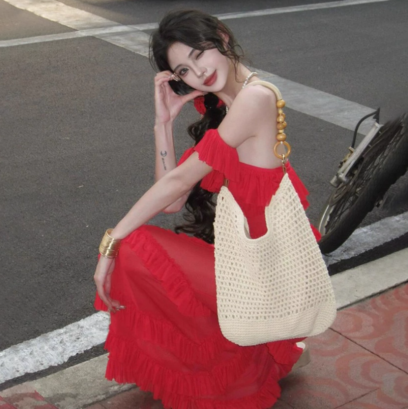 Charming Red Off-Shoulder Maxi Dress Stunning Tiered Hem Bodycon Long Dress AP1362