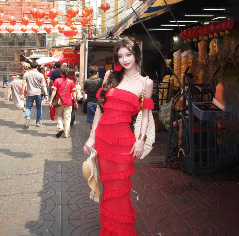 Charming Red Off-Shoulder Maxi Dress Stunning Tiered Hem Bodycon Long Dress AP1362