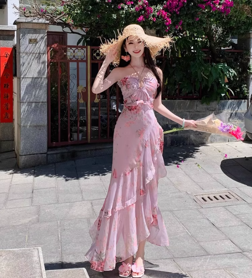 French-Inspired Pink Floral Print Sheath Maxi Dress Stunning Tiered Ruffles Hem Adjustable Halter Long Dress AP1363