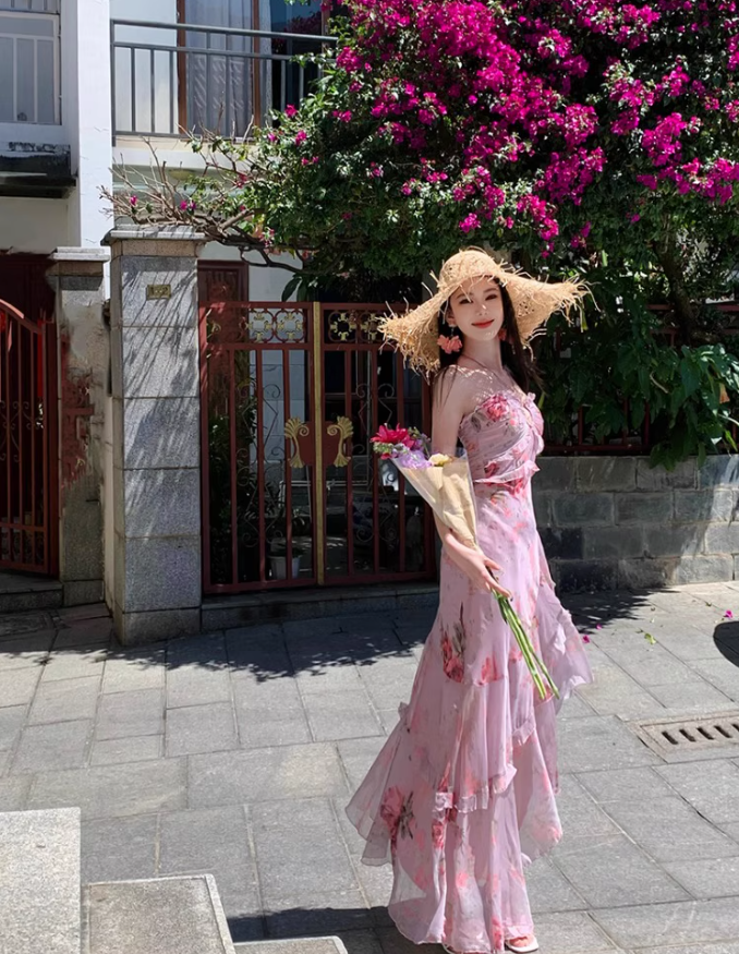 French-Inspired Pink Floral Print Sheath Maxi Dress Stunning Tiered Ruffles Hem Adjustable Halter Long Dress AP1363