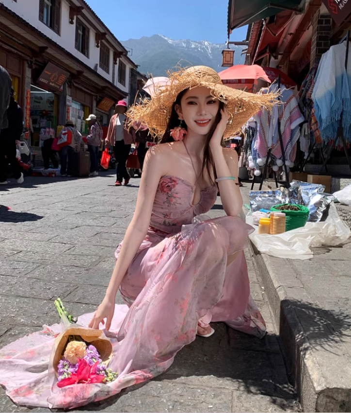 French-Inspired Pink Floral Print Sheath Maxi Dress Stunning Tiered Ruffles Hem Adjustable Halter Long Dress AP1363