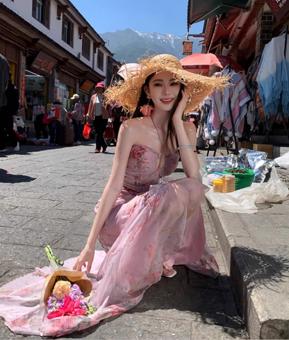 French-Inspired Pink Floral Print Sheath Maxi Dress Stunning Tiered Ruffles Hem Adjustable Halter Long Dress AP1363