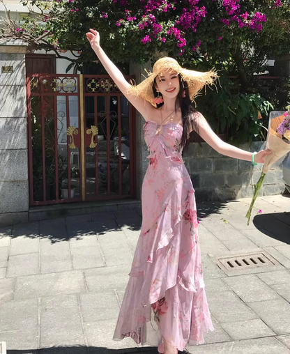 French-Inspired Pink Floral Print Sheath Maxi Dress Stunning Tiered Ruffles Hem Adjustable Halter Long Dress AP1363