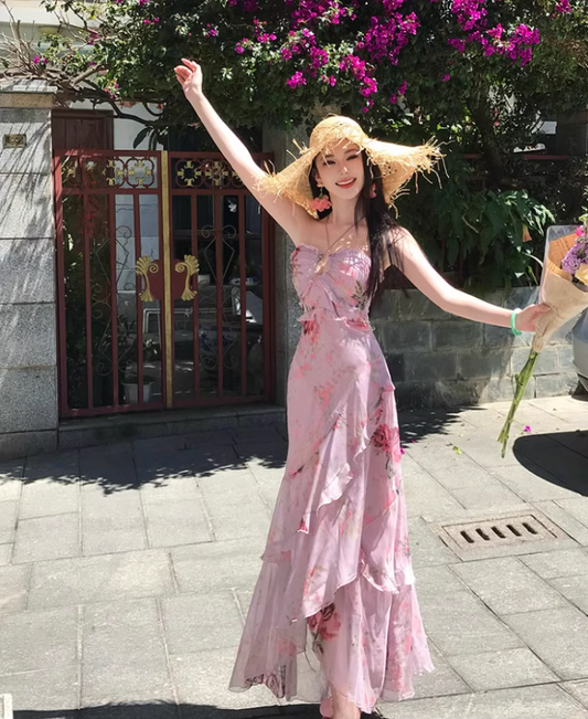 French-Inspired Pink Floral Print Sheath Maxi Dress Stunning Tiered Ruffles Hem Adjustable Halter Long Dress AP1363