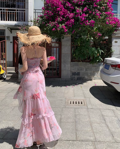 French-Inspired Pink Floral Print Sheath Maxi Dress Stunning Tiered Ruffles Hem Adjustable Halter Long Dress AP1363