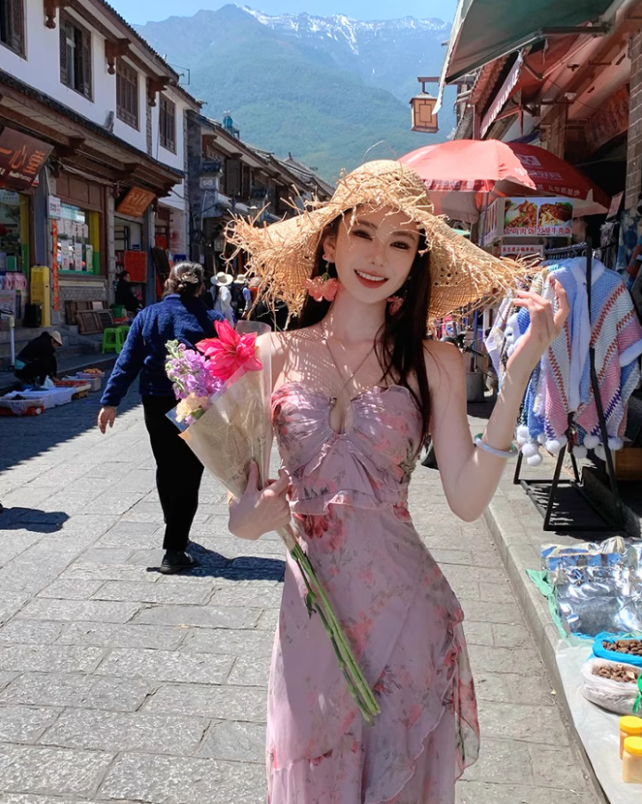 French-Inspired Pink Floral Print Sheath Maxi Dress Stunning Tiered Ruffles Hem Adjustable Halter Long Dress AP1363