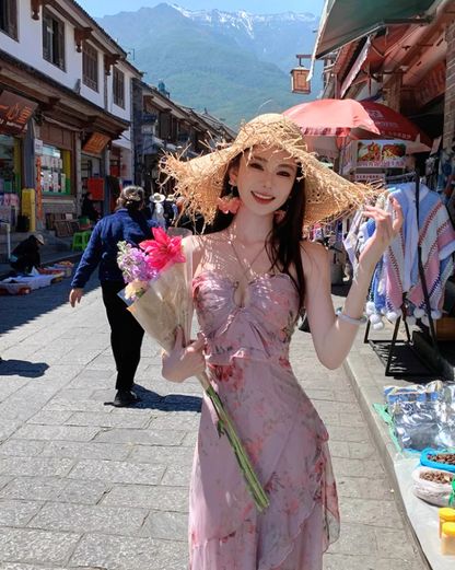 French-Inspired Pink Floral Print Sheath Maxi Dress Stunning Tiered Ruffles Hem Adjustable Halter Long Dress AP1363