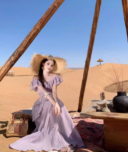 Ethereal Off-Shoulder Ruffles Trimmed Maxi Dress Charming Flowy Pale Purple Long Dress AP1364