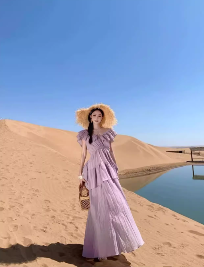 Ethereal Off-Shoulder Ruffles Trimmed Maxi Dress Charming Flowy Pale Purple Long Dress AP1364