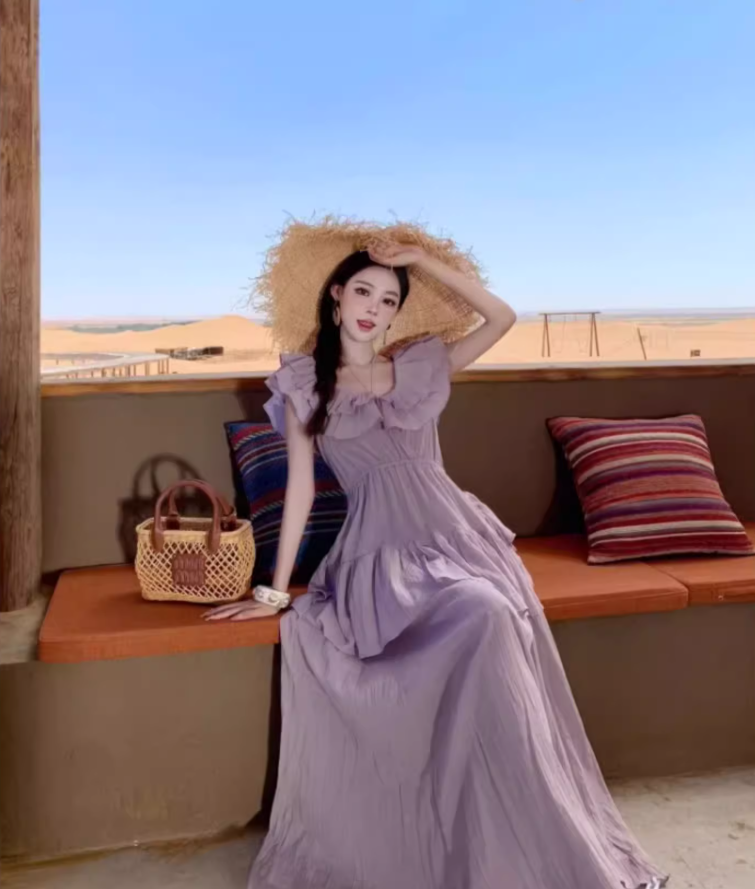 Ethereal Off-Shoulder Ruffles Trimmed Maxi Dress Charming Flowy Pale Purple Long Dress AP1364