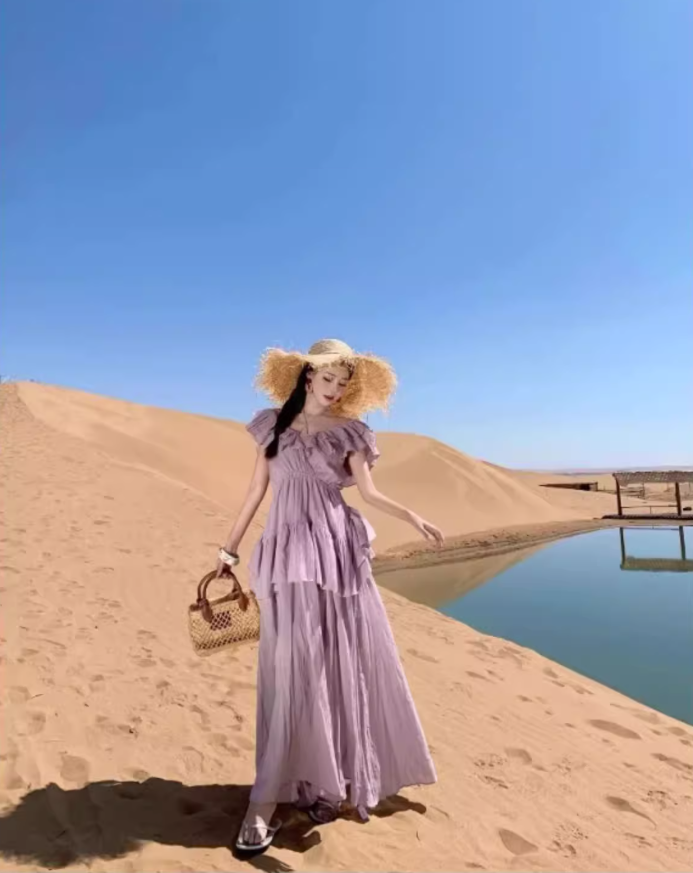 Ethereal Off-Shoulder Ruffles Trimmed Maxi Dress Charming Flowy Pale Purple Long Dress AP1364