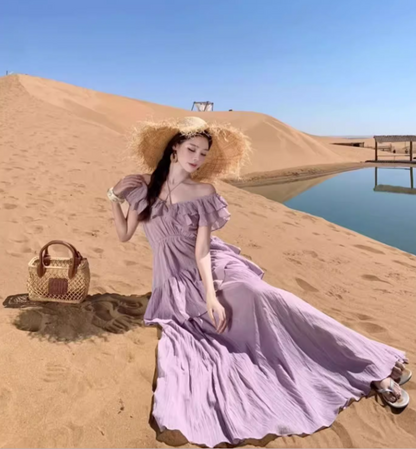 Ethereal Off-Shoulder Ruffles Trimmed Maxi Dress Charming Flowy Pale Purple Long Dress AP1364