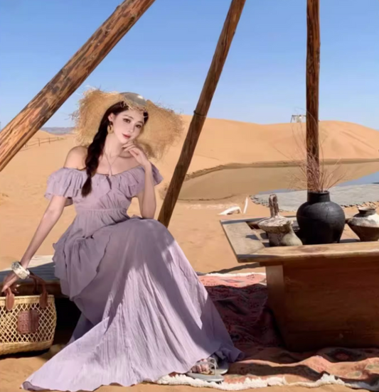 Ethereal Off-Shoulder Ruffles Trimmed Maxi Dress Charming Flowy Pale Purple Long Dress AP1364