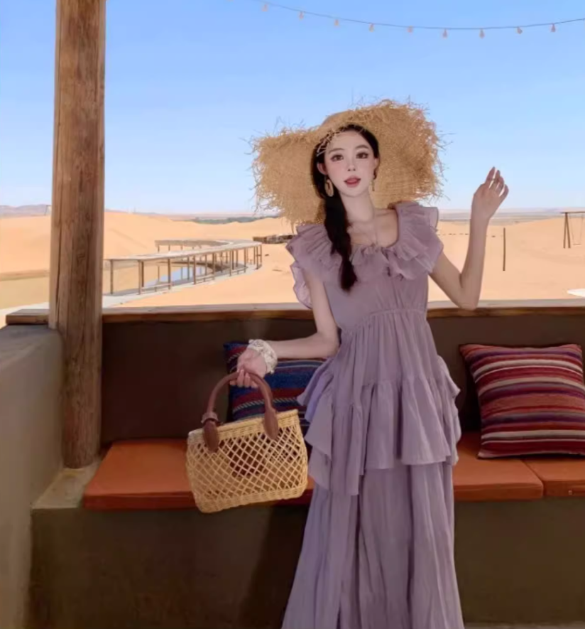 Ethereal Off-Shoulder Ruffles Trimmed Maxi Dress Charming Flowy Pale Purple Long Dress AP1364