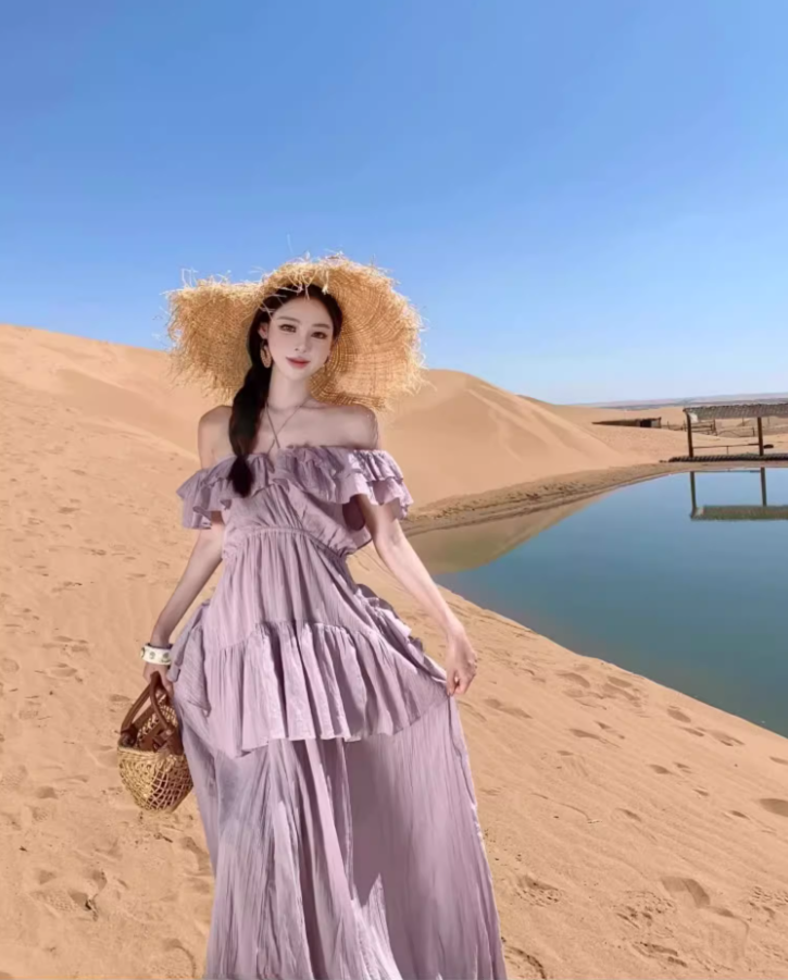 Ethereal Off-Shoulder Ruffles Trimmed Maxi Dress Charming Flowy Pale Purple Long Dress AP1364