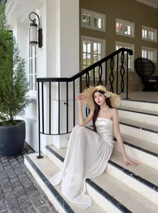 Elegant Sparkly Sequins Strapless Maxi Dress Novelty Pressed Pleat Splicing Sheer Tulle Long Dress AP1365