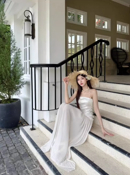 Elegant Sparkly Sequins Strapless Maxi Dress Novelty Pressed Pleat Splicing Sheer Tulle Long Dress AP1365