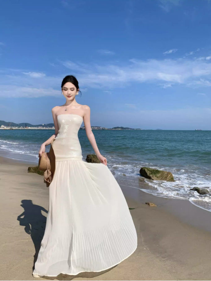 Elegant Sparkly Sequins Strapless Maxi Dress Novelty Pressed Pleat Splicing Sheer Tulle Long Dress AP1365