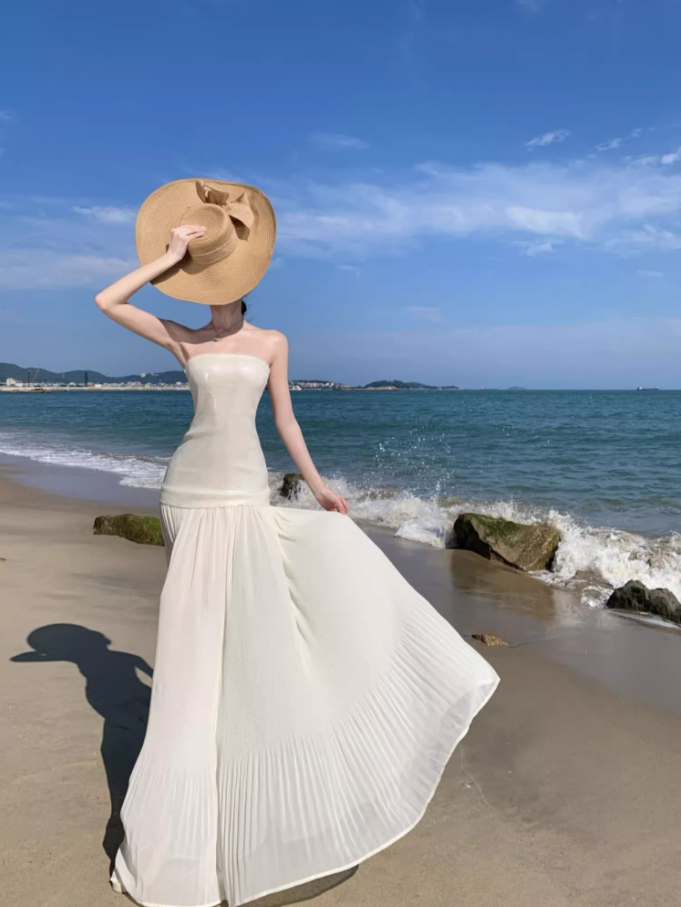 Elegant Sparkly Sequins Strapless Maxi Dress Novelty Pressed Pleat Splicing Sheer Tulle Long Dress AP1365